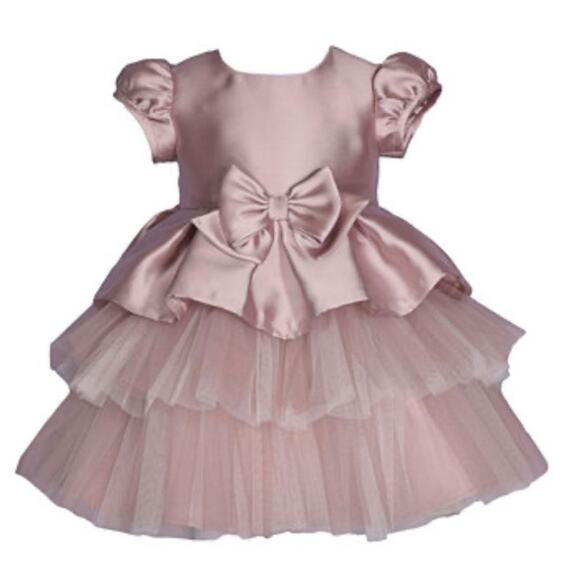 Bonnie Baby Baby Girls Short Sleeved Mikado Tiered Dress with Bow Sz 18M - Picture 1 of 8